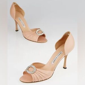 Manolo Blahnik Sedaraby D’Orsay Nude Pink Leather Crystal Peep-Toe Heels 37.5